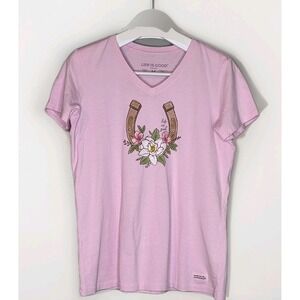 Life Is Good Crusher T-Shirt Horseshoe Western Flowers Pink Women Medium V-neck
